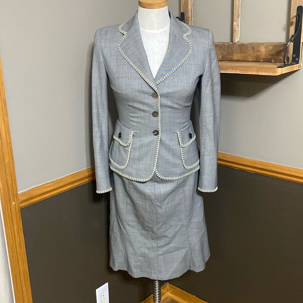 Escada dark gray suit windowpane blazer and matching skirt size 34